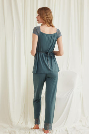 Lace Shoulder 3-Piece Maternity-Nursing Pajama & Robe Set Green - 18535