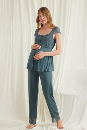 Lace Shoulder 3-Piece Maternity-Nursing Pajama & Robe Set Green - 18535