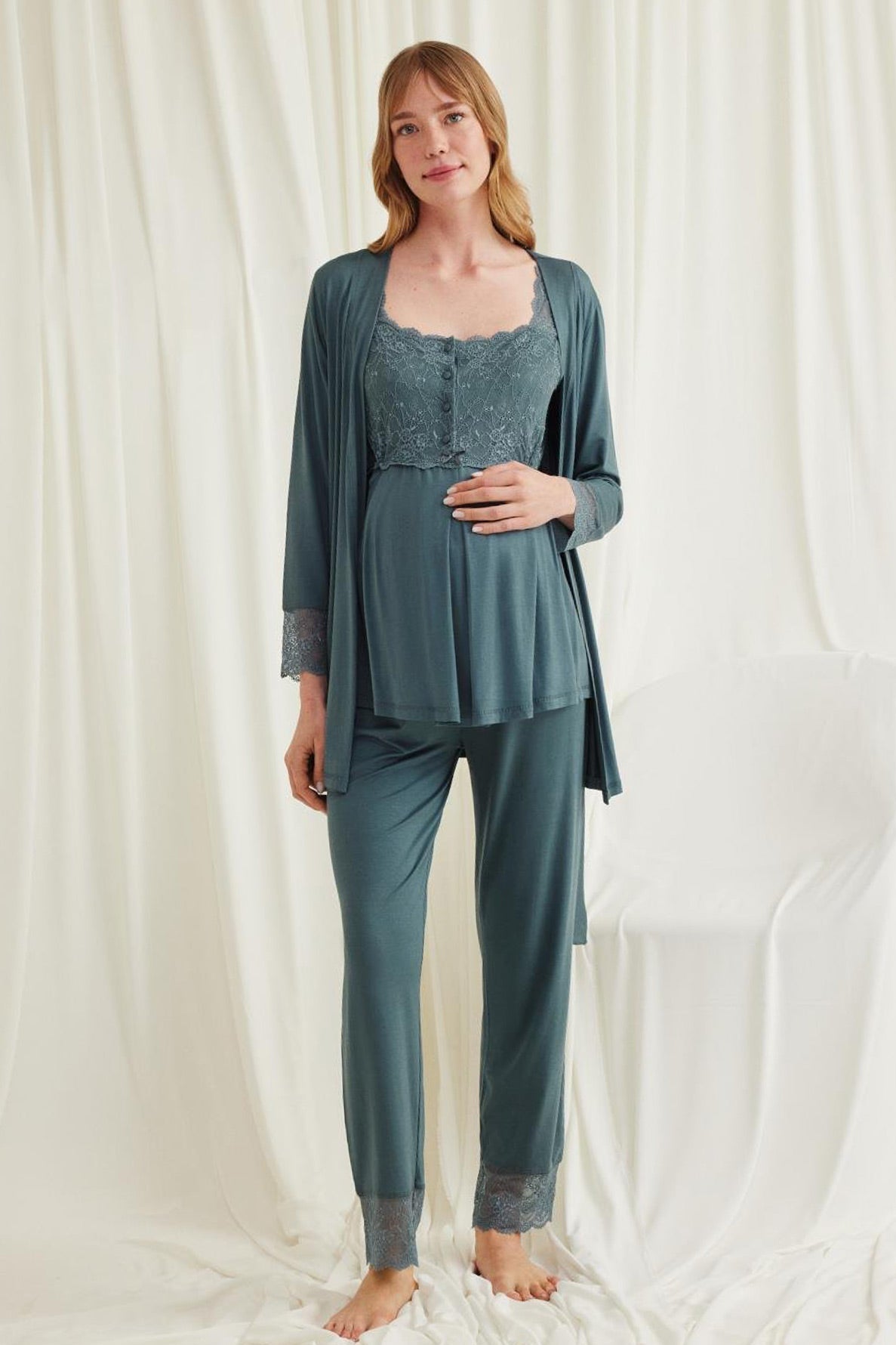 Lace Shoulder 3-Piece Maternity-Nursing Pajama & Robe Set Green - 18535
