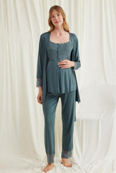 Lace Shoulder 3-Piece Maternity-Nursing Pajama & Robe Set Green - 18535