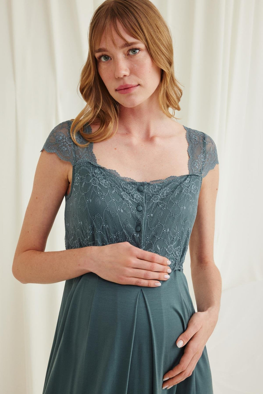 Lace Shoulder Maternity & Nursing Nightgown Green - 18536