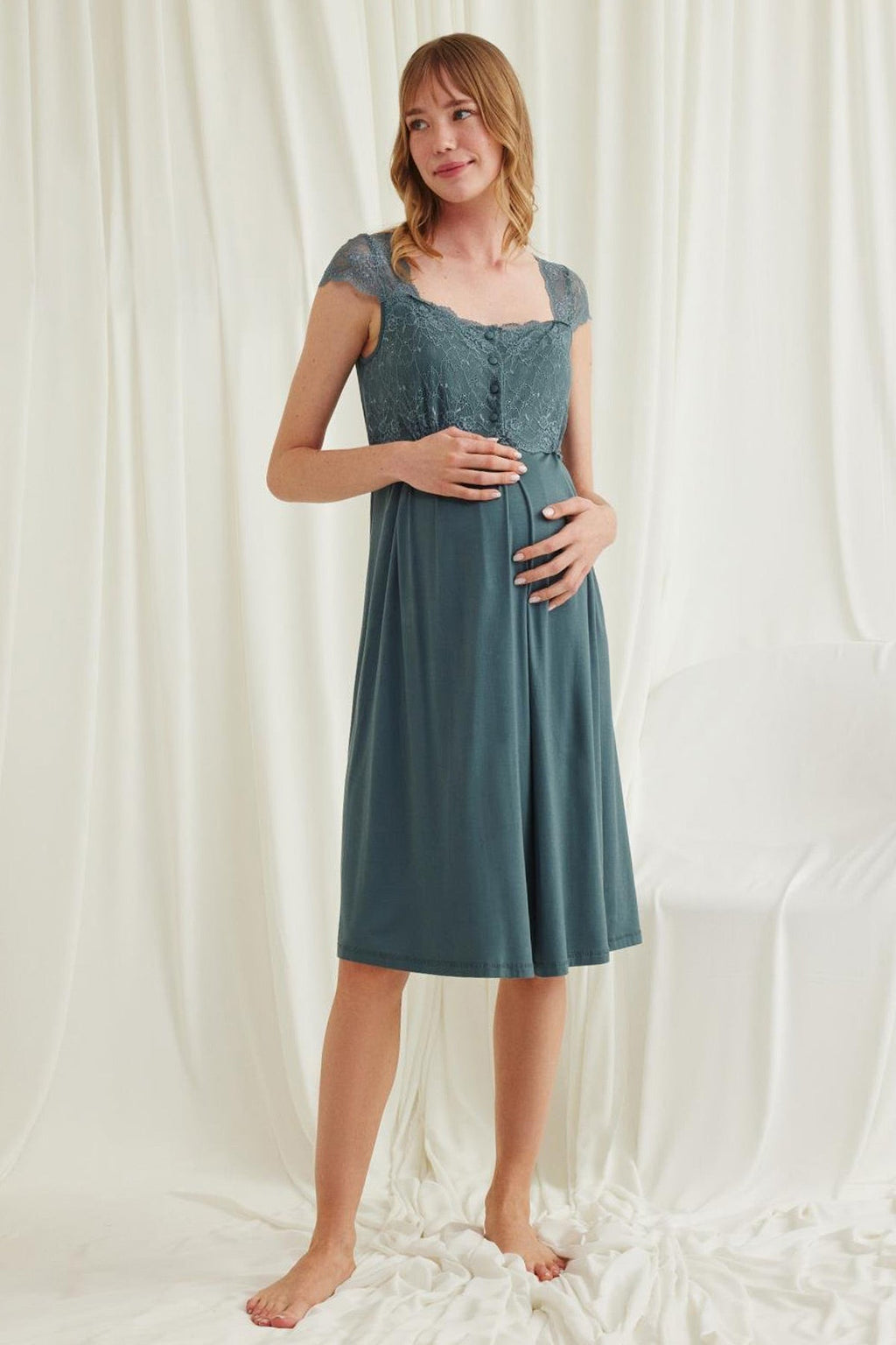 Lace Shoulder Maternity & Nursing Nightgown Green - 18536