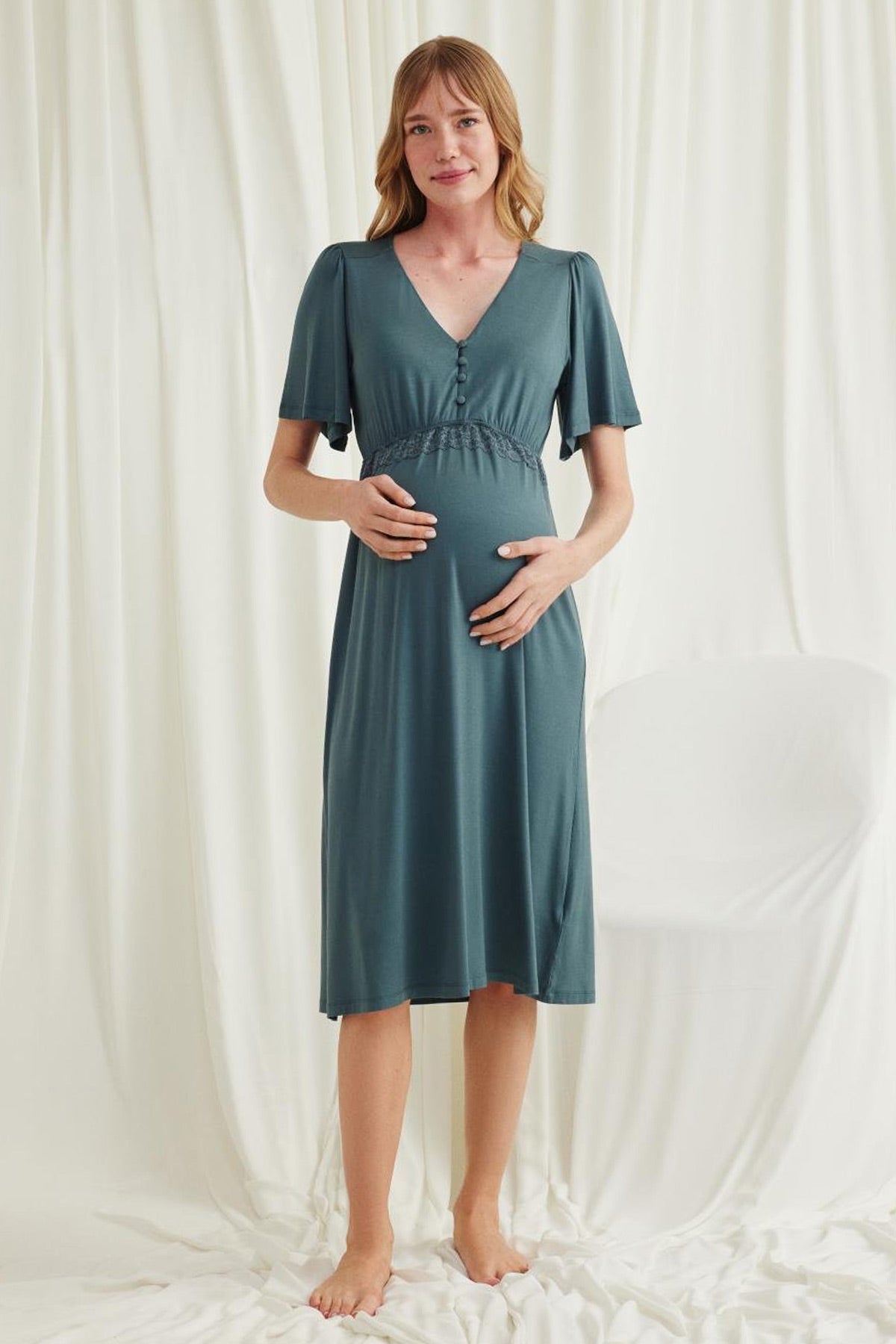 Lacy Panel Maternity & Nursing Nightgown Green - 18597