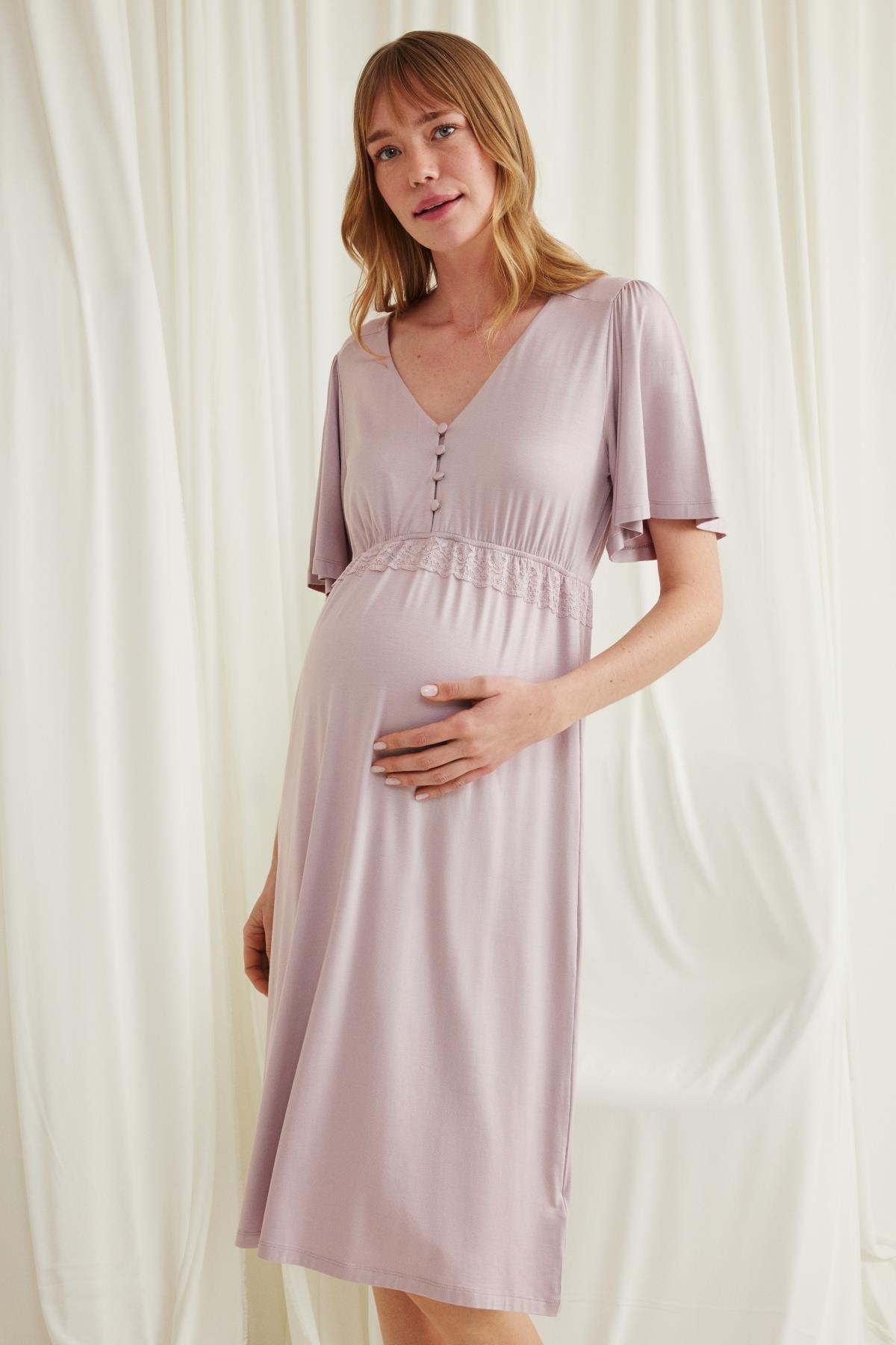 Lacy Panel Maternity & Nursing Nightgown Mink - 18599