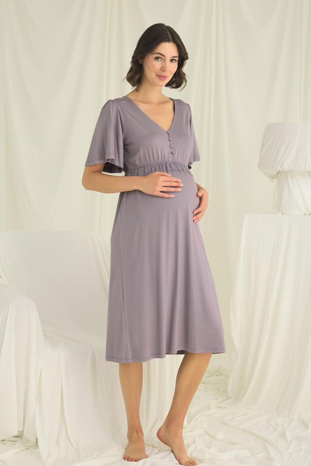 Lacy Panel Maternity & Nursing Nightgown Grey - 18642