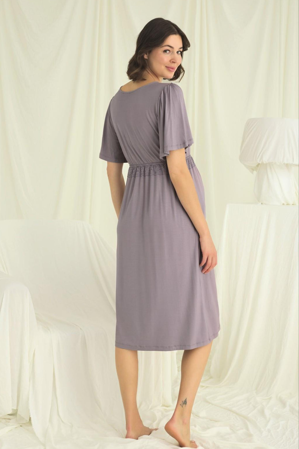 Lacy Panel Maternity & Nursing Nightgown Grey - 18642