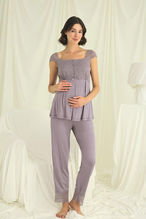 Lace Shoulder 3-Piece Maternity-Nursing Pajama & Robe Set Grey - 18669