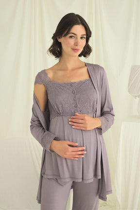 Lace Shoulder 3-Piece Maternity-Nursing Pajama & Robe Set Grey - 18669