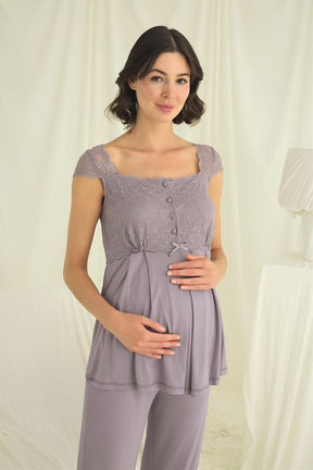 Lace Shoulder 3-Piece Maternity-Nursing Pajama & Robe Set Grey - 18669