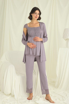 Lace Shoulder 3-Piece Maternity-Nursing Pajama & Robe Set Grey - 18669