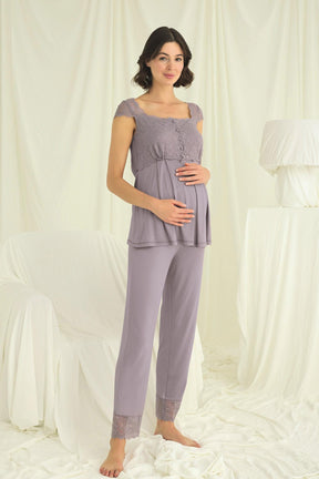 Lace Shoulder 3-Piece Maternity-Nursing Pajama & Robe Set Grey - 18669