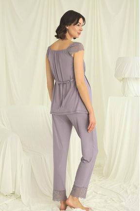 Lace Shoulder 3-Piece Maternity-Nursing Pajama & Robe Set Grey - 18669