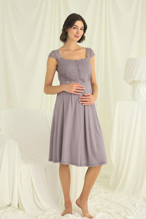 Lace Shoulder Maternity-Nursing Nightgown & Robe Set Grey - 18670