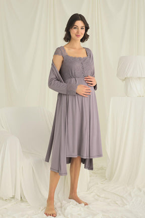 Lace Shoulder Maternity-Nursing Nightgown & Robe Set Grey - 18670