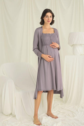 Lace Shoulder Maternity-Nursing Nightgown & Robe Set Grey - 18670
