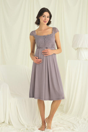 Lace Shoulder Maternity-Nursing Nightgown & Robe Set Grey - 18670