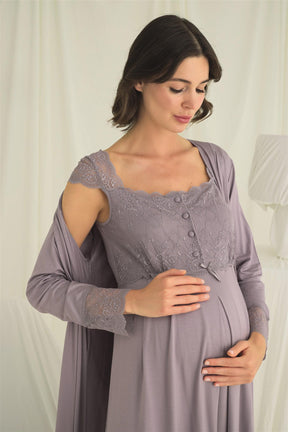 Lace Shoulder Maternity-Nursing Nightgown & Robe Set Grey - 18670