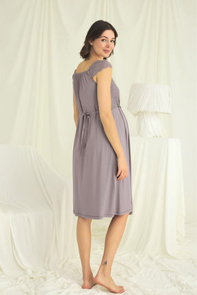 Lace Shoulder Maternity-Nursing Nightgown & Robe Set Grey - 18670