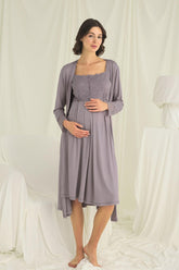 Lace Shoulder Maternity-Nursing Nightgown & Robe Set Grey - 18670