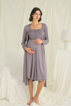 Lace Shoulder Maternity-Nursing Nightgown & Robe Set Grey - 18670