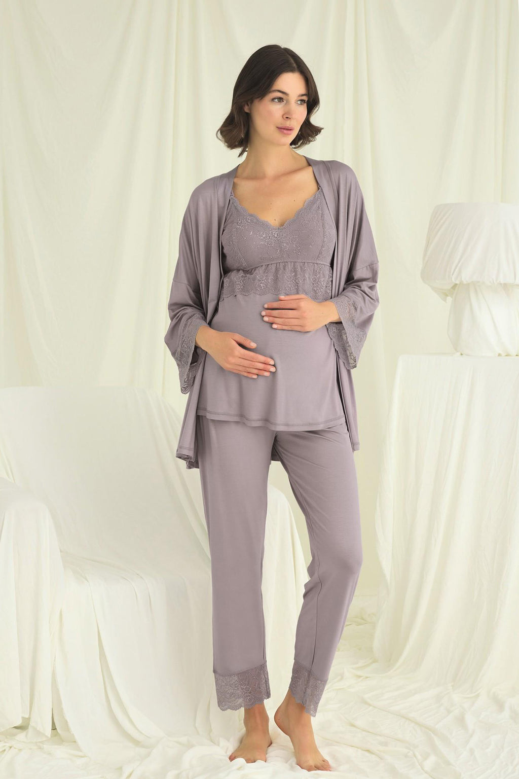 Lace Strappy 3-Piece Maternity Feeding-Friendly Pajama & Robe Set Grey - E18671