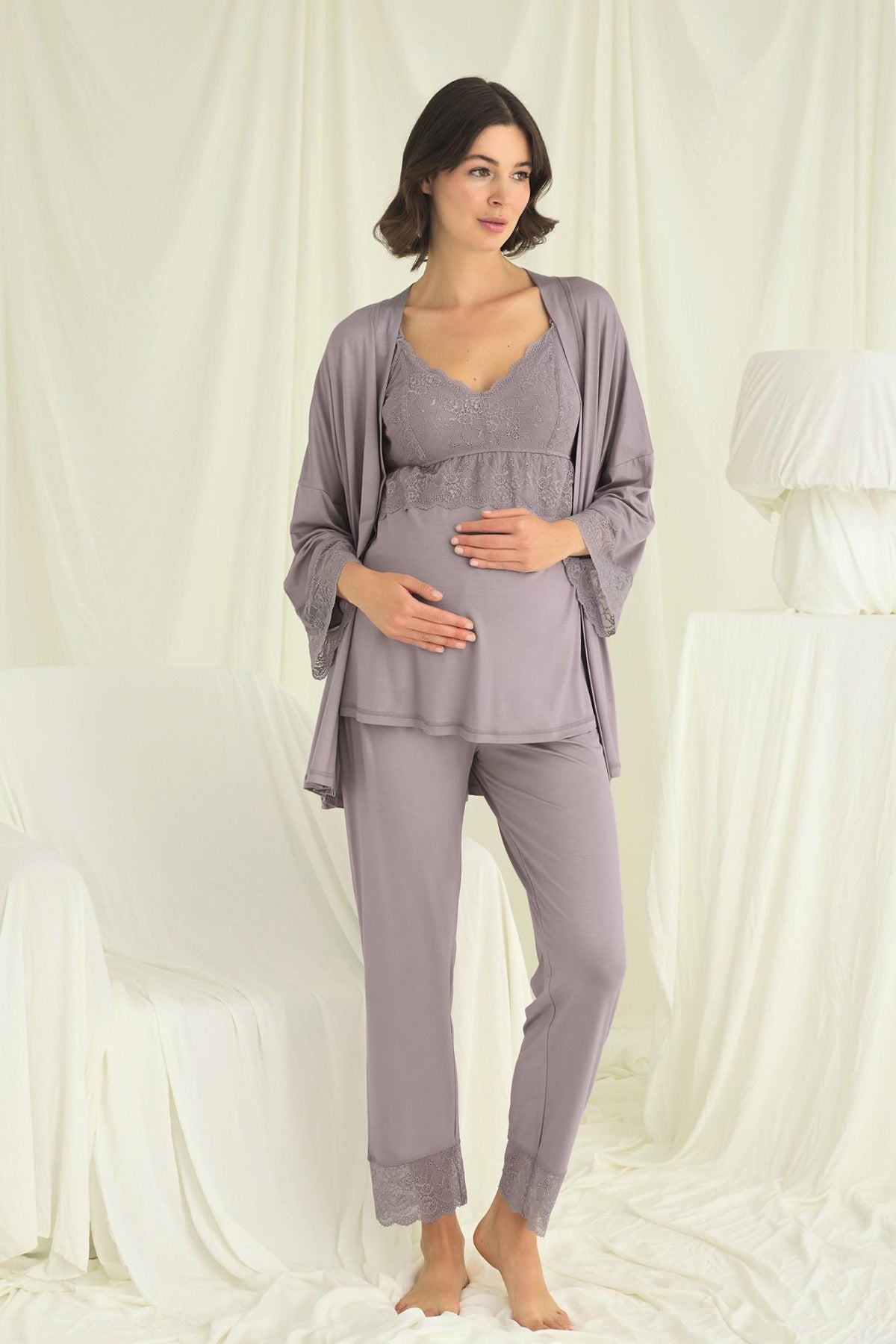 Lace Strappy 3-Piece Maternity Feeding-Friendly Pajama & Robe Set Grey - E18671