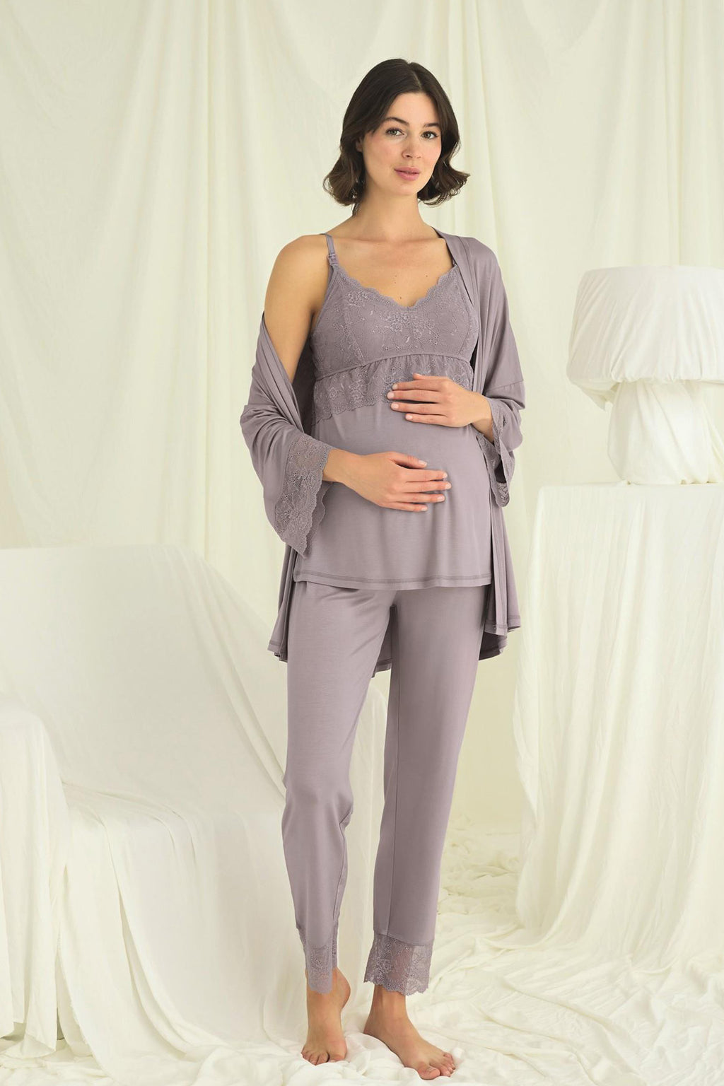 Lace Strappy 3-Piece Maternity Feeding-Friendly Pajama & Robe Set Grey - E18671