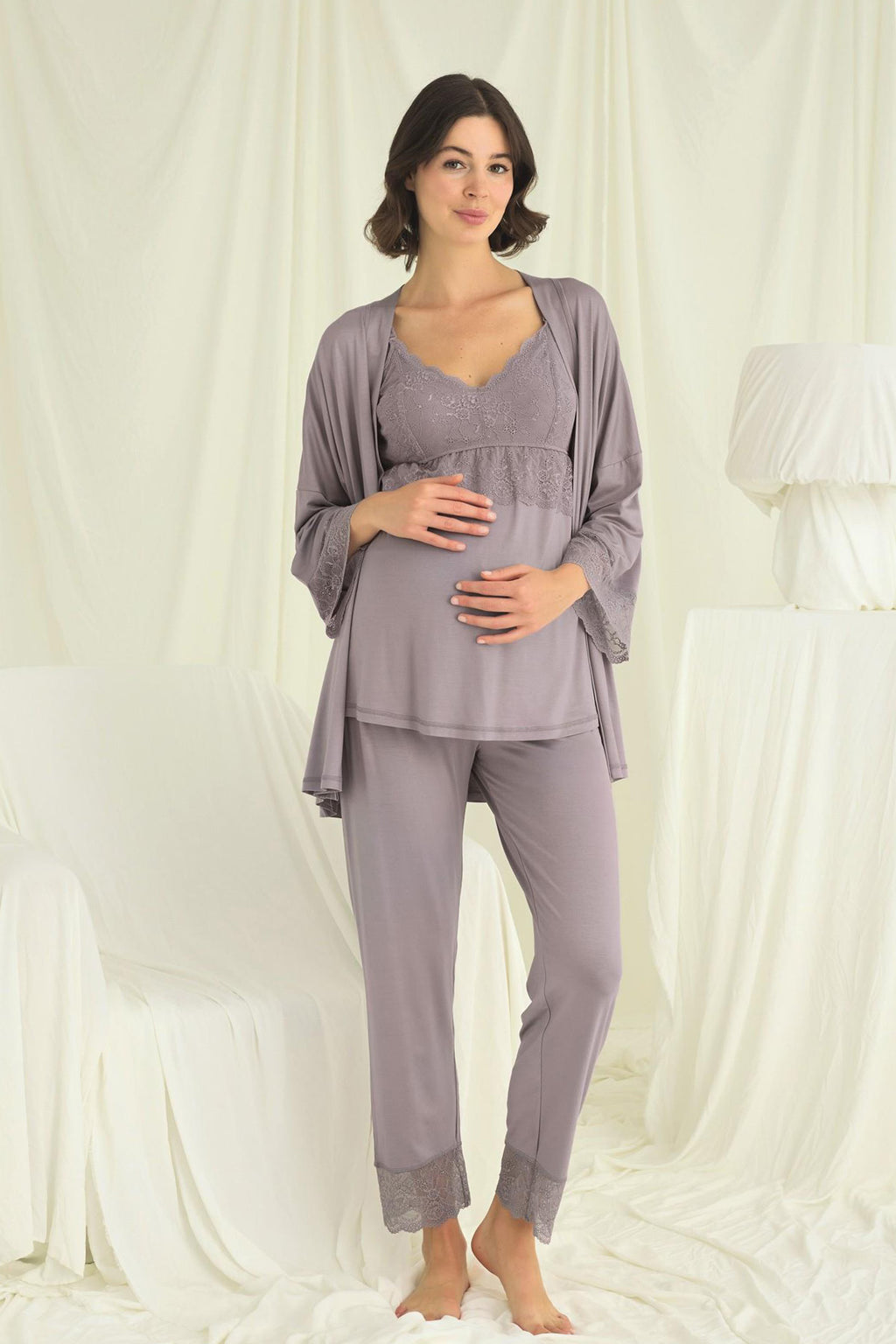Lace Strappy 3-Piece Maternity Feeding-Friendly Pajama & Robe Set Grey - E18671