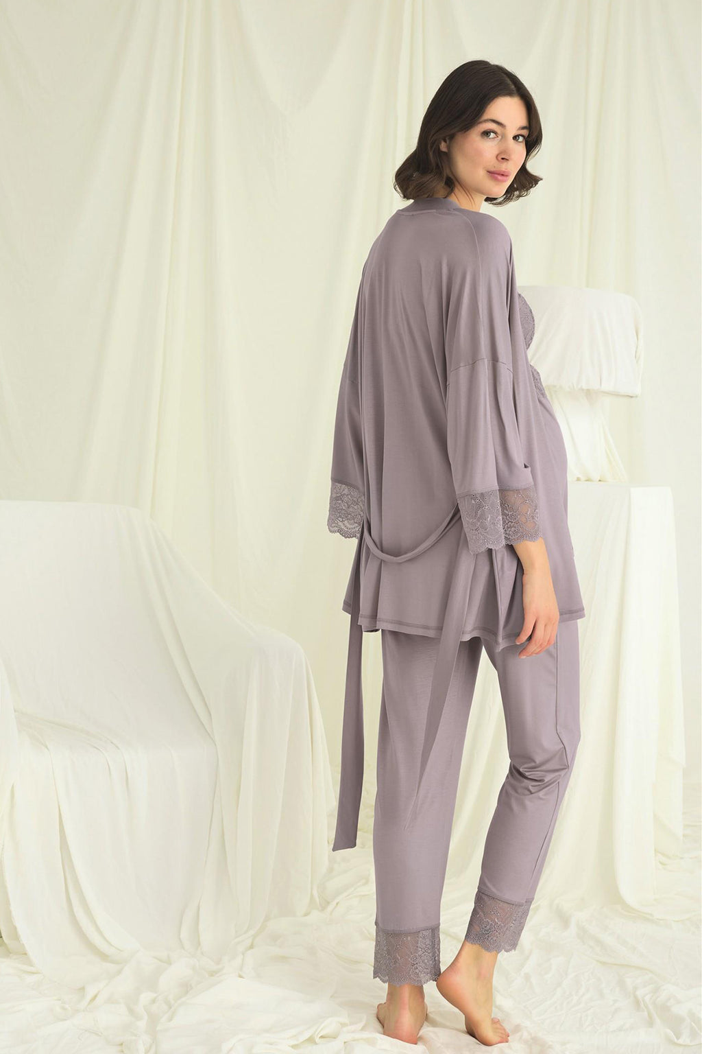 Lace Strappy 3-Piece Maternity Feeding-Friendly Pajama & Robe Set Grey - E18671