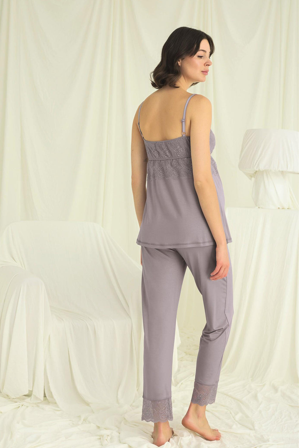 Lace Strappy 3-Piece Maternity Feeding-Friendly Pajama & Robe Set Grey - E18671