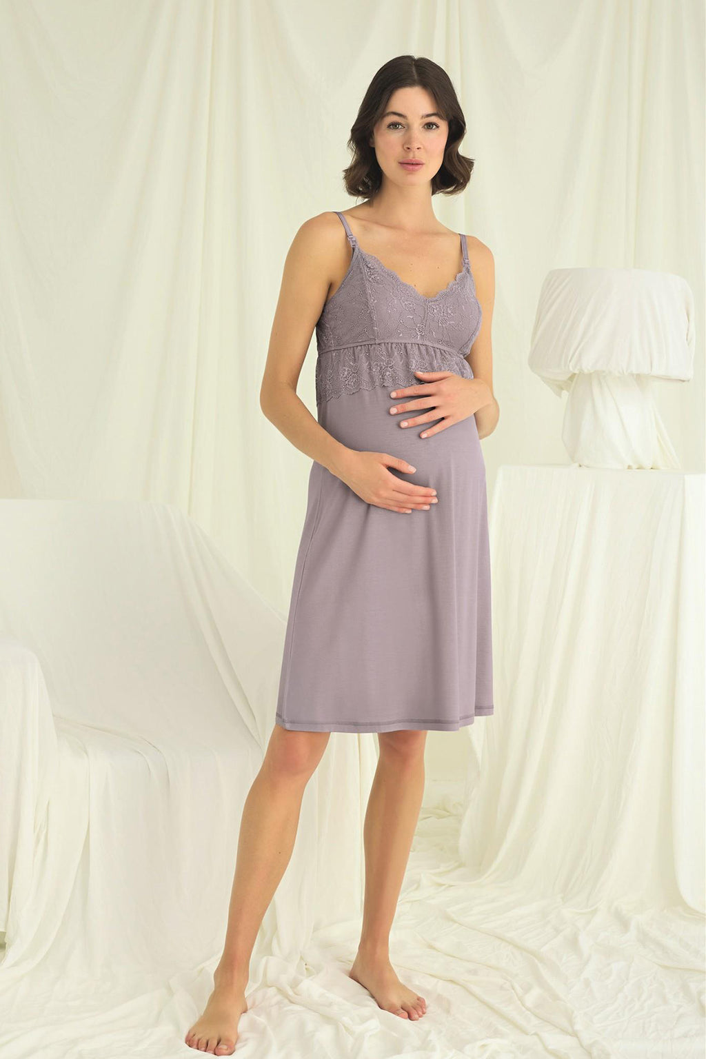 Lace Strappy Maternity Feeding-Friendly Nightgown & Robe Set Grey - E18672