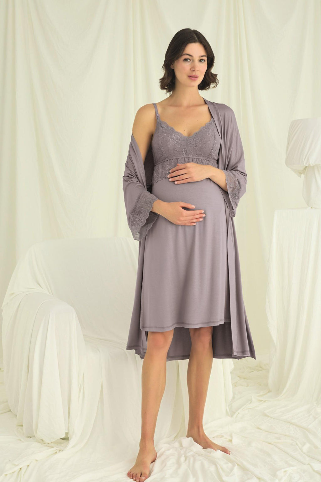 Lace Strappy Maternity Feeding-Friendly Nightgown & Robe Set Grey - E18672