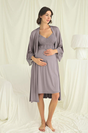 Lace Strappy Maternity-Nursing Nightgown & Robe Set Grey - 18672