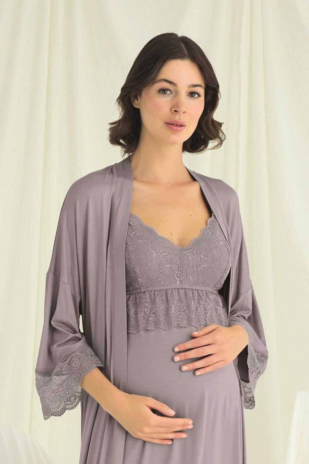 Lace Strappy Maternity Feeding-Friendly Nightgown & Robe Set Grey - E18672