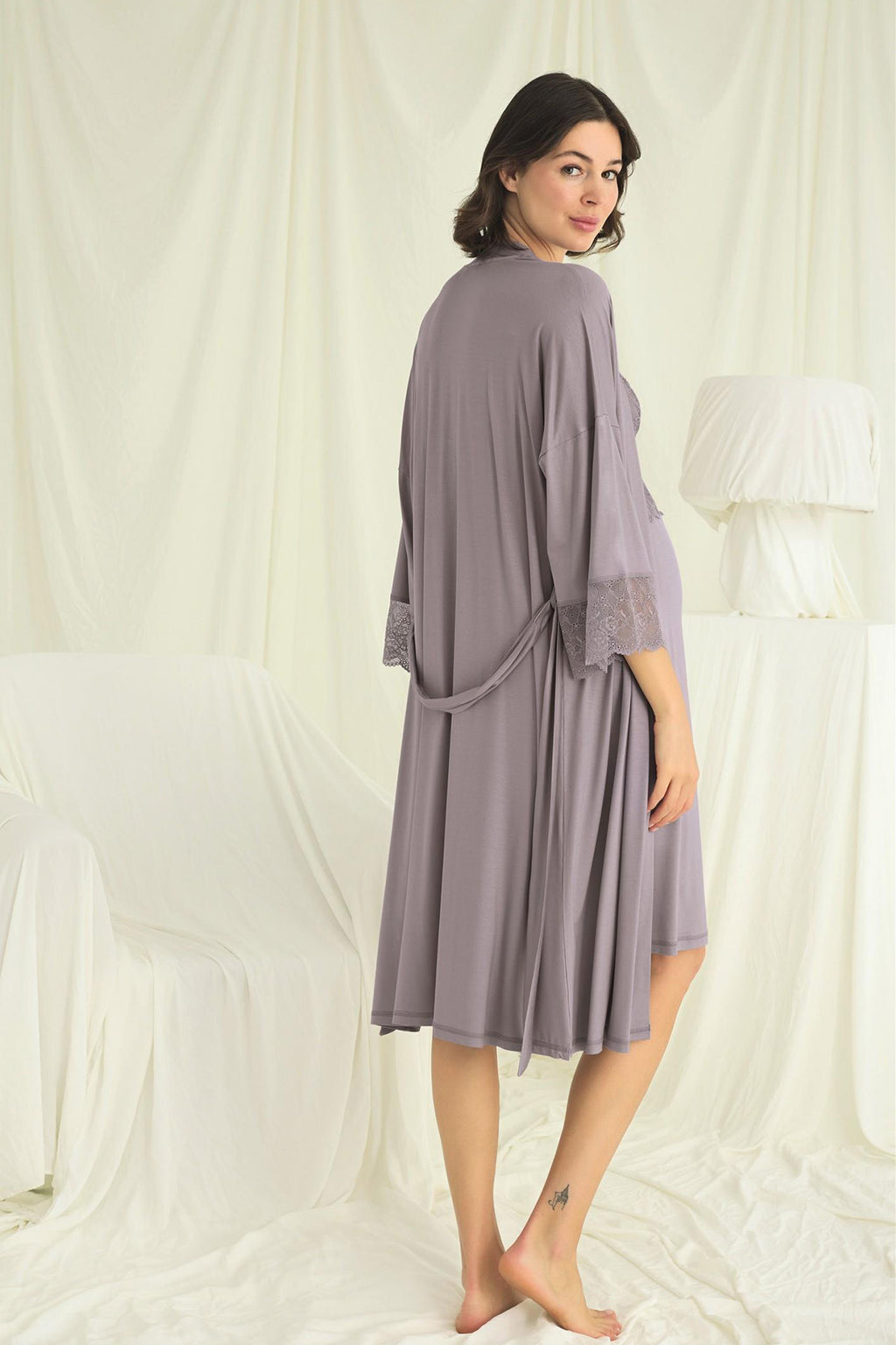 Lace Strappy Maternity Feeding-Friendly Nightgown & Robe Set Grey - E18672