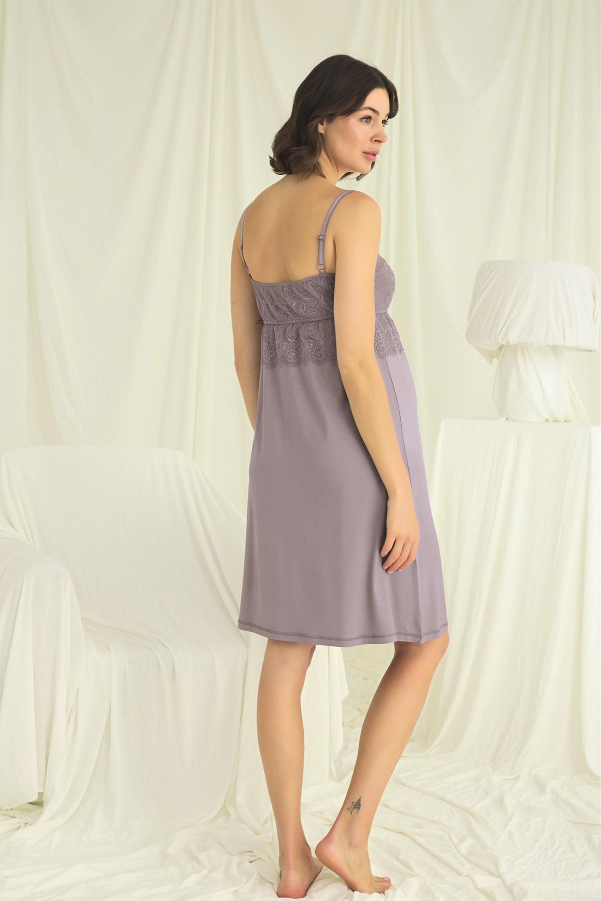 Lace Strappy Maternity Feeding-Friendly Nightgown & Robe Set Grey - E18672