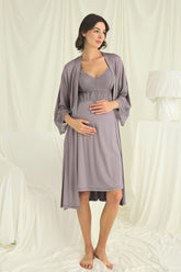 Lace Strappy Maternity-Nursing Nightgown & Robe Set Grey - 18672