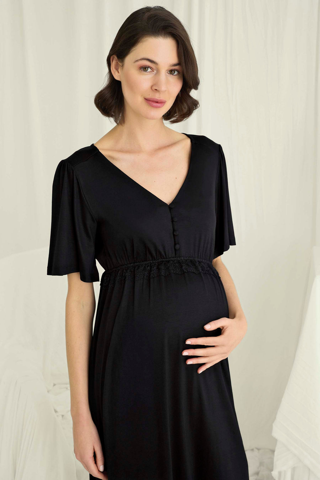 Lacy Panel Maternity Feeding-Friendly Nightgown Black - E18708