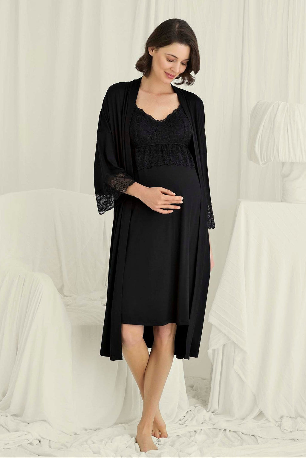 Lace Strappy Maternity Feeding-Friendly Nightgown & Robe Set Black - E18709