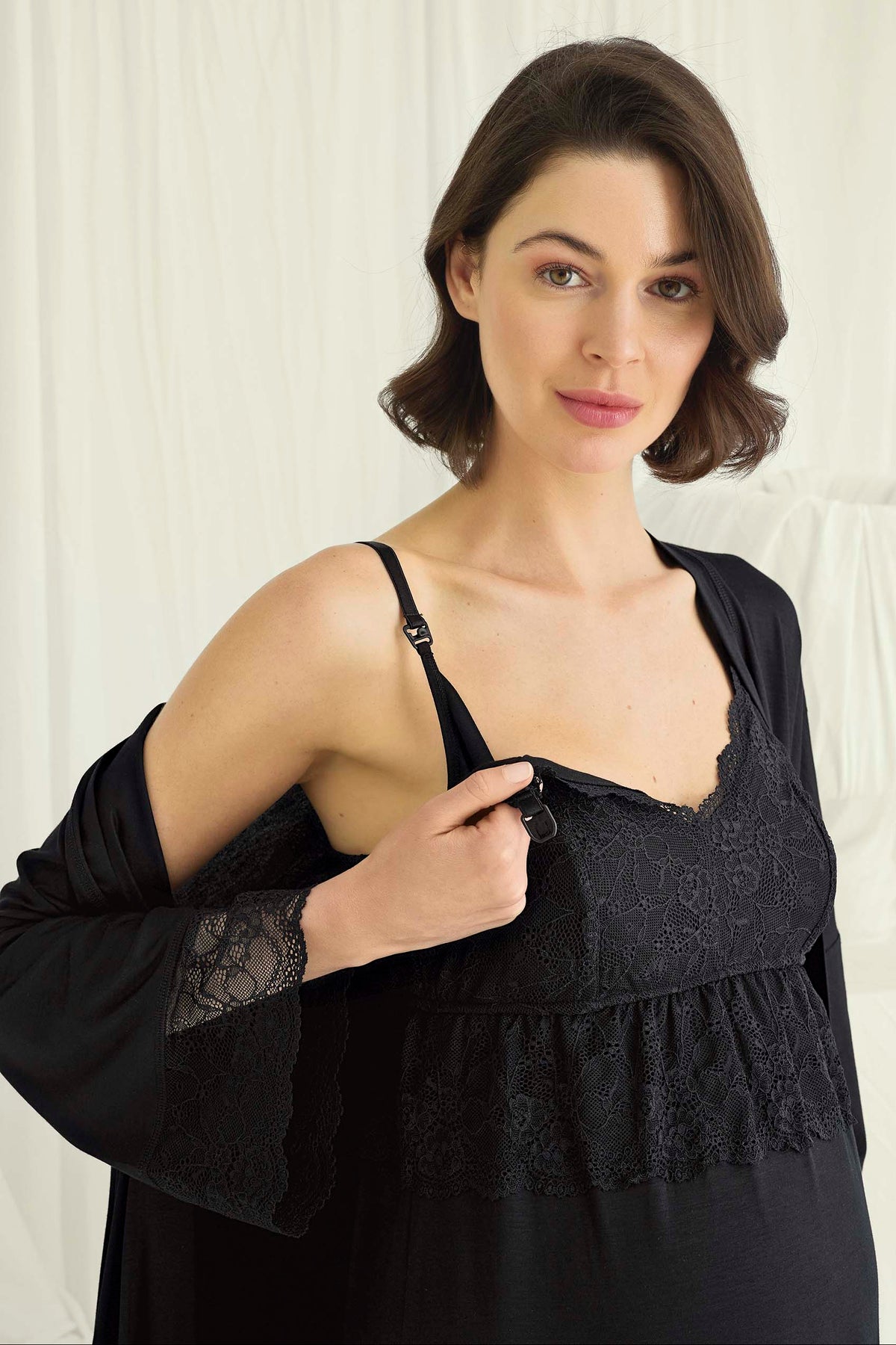 Lace Strappy Maternity Feeding-Friendly Nightgown & Robe Set Black - E18709