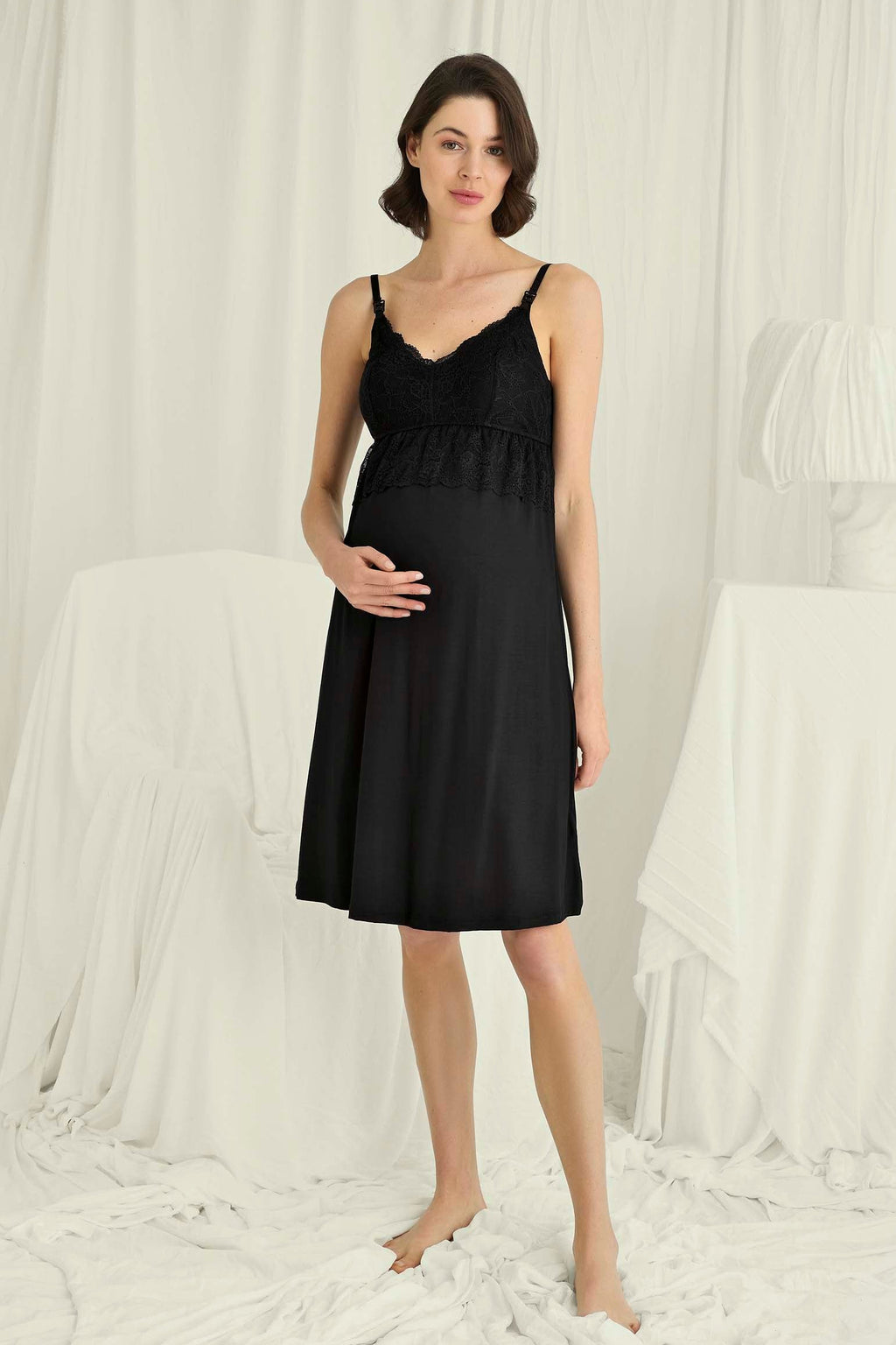 Lace Strappy Maternity Feeding-Friendly Nightgown & Robe Set Black - E18709