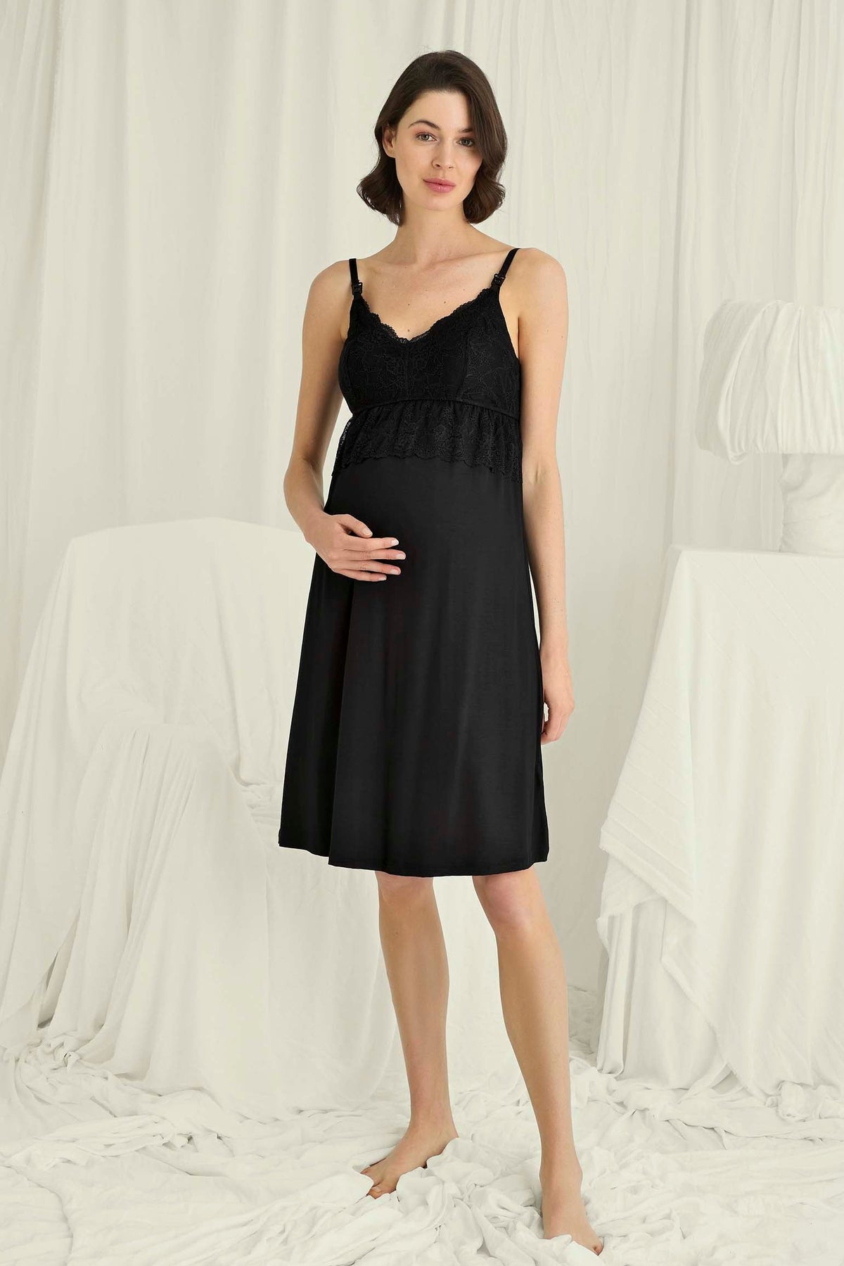 Lace Strappy Maternity Feeding-Friendly Nightgown & Robe Set Black - E18709
