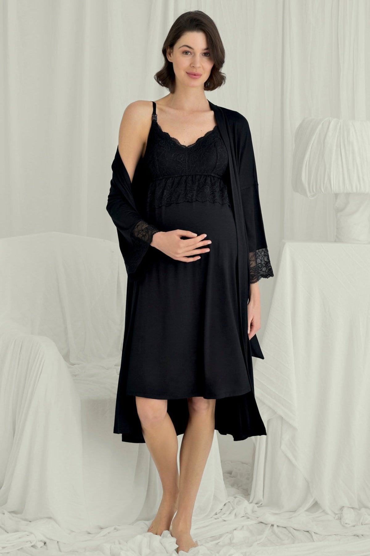 Lace Strappy Maternity Feeding-Friendly Nightgown & Robe Set Black - E18709
