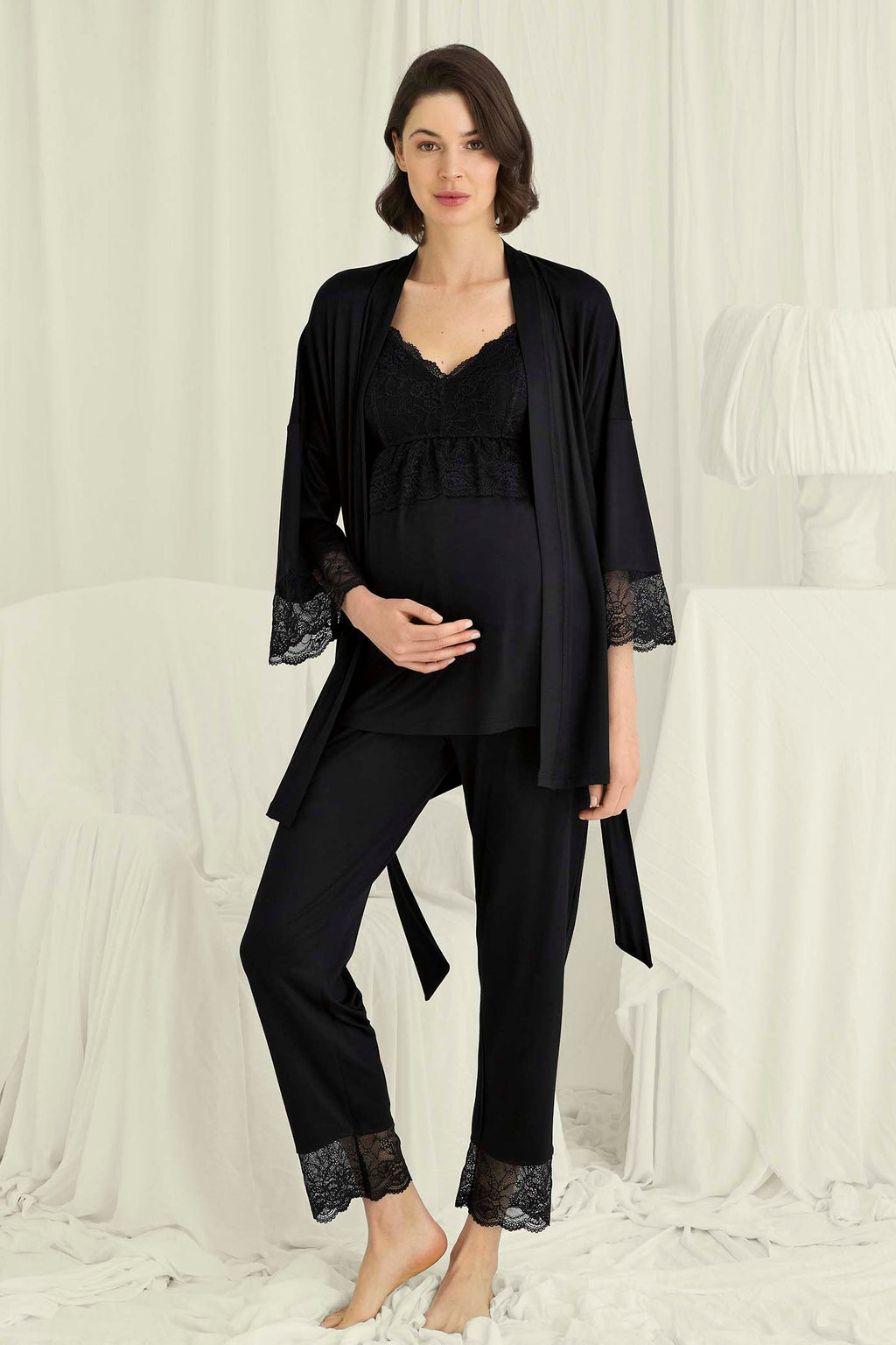 Lace Strappy 3-Piece Maternity Feeding-Friendly Pajama & Robe Set Black - E18710