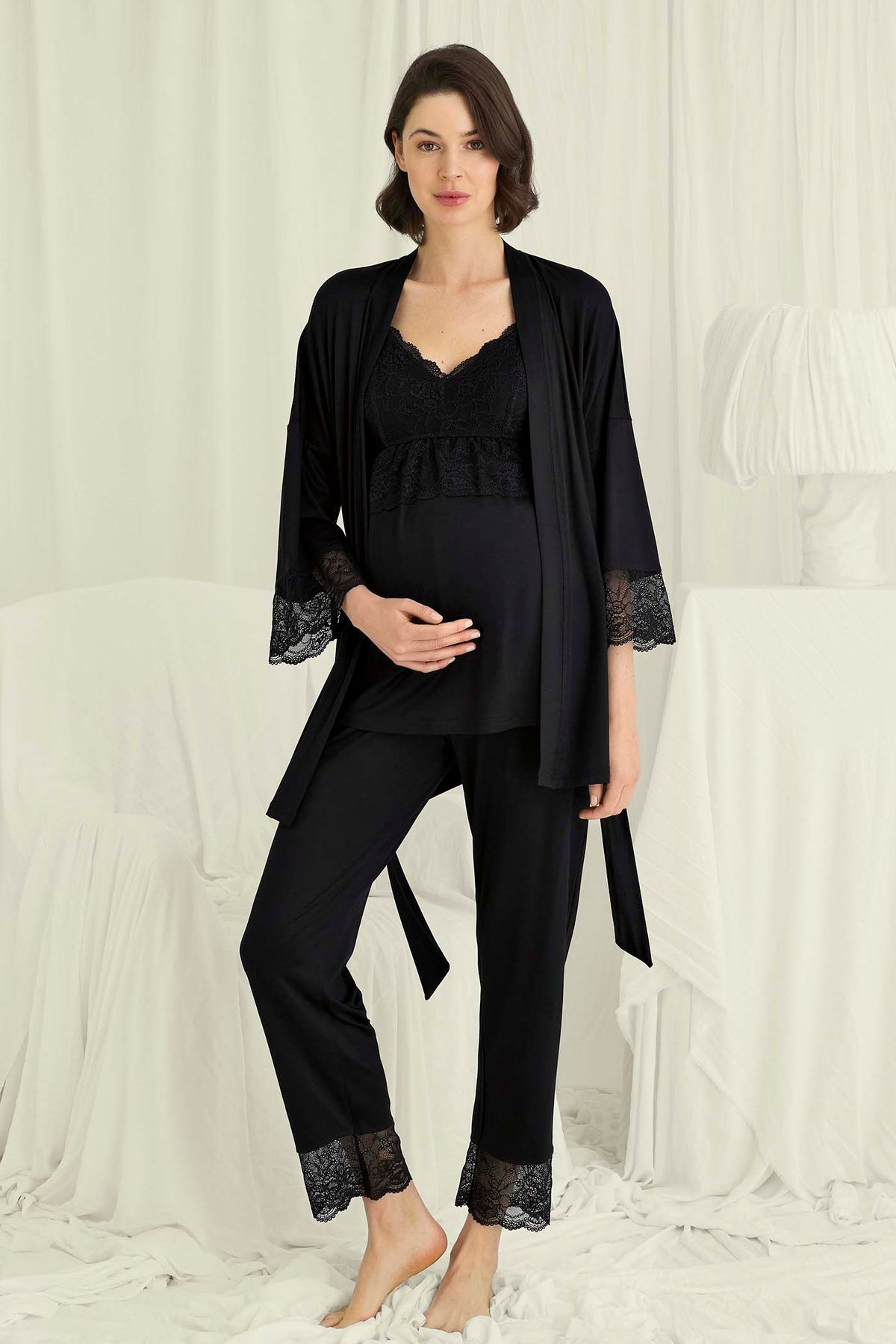 Lace Strappy 3-Piece Maternity Feeding-Friendly Pajama & Robe Set Black - E18710