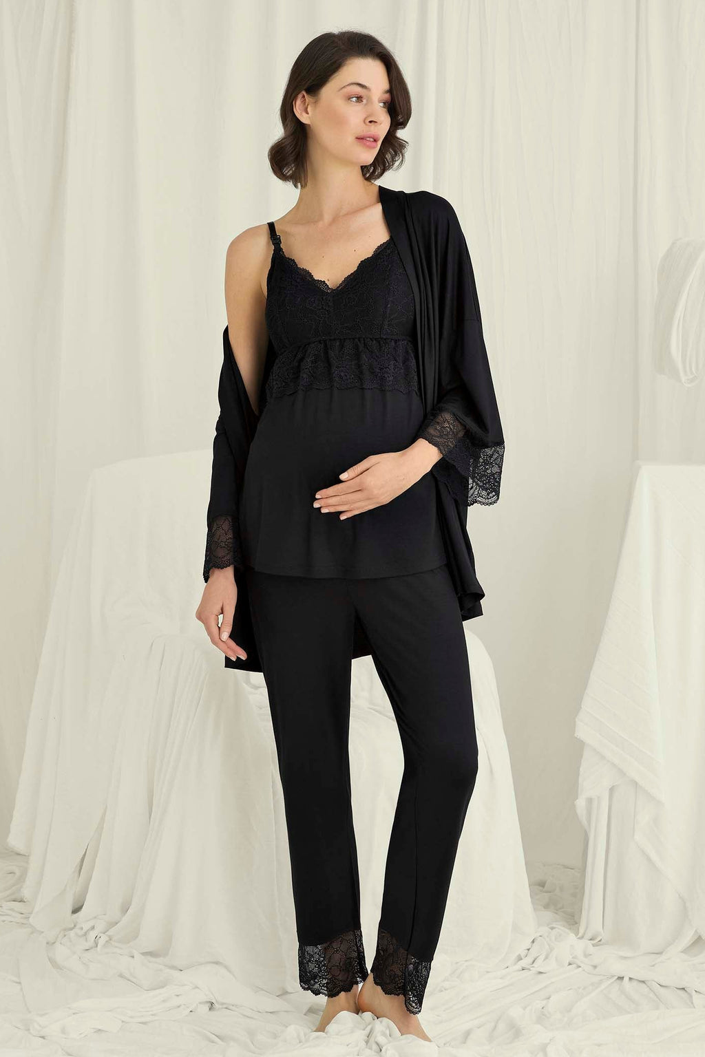 Lace Strappy 3-Piece Maternity Feeding-Friendly Pajama & Robe Set Black - E18710