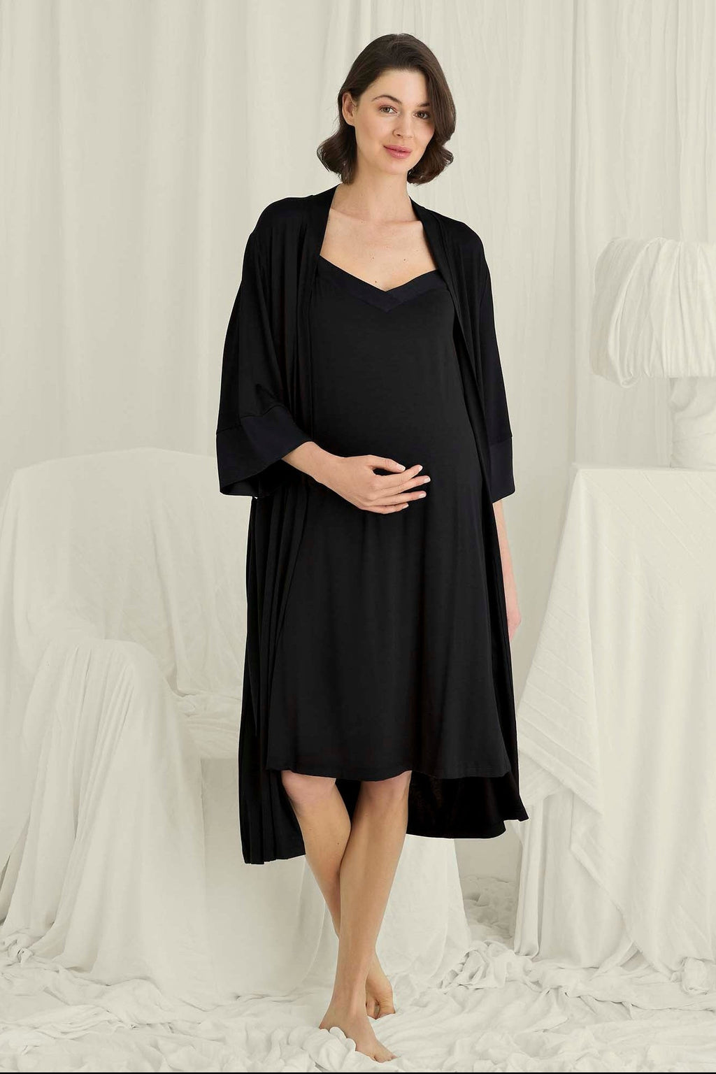 Strappy Soft Maternity Feeding-Friendly Nightgown & Robe Set Black - E18718