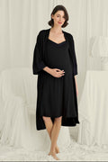 Strappy Soft Maternity Feeding-Friendly Nightgown & Robe Set Black - E18718