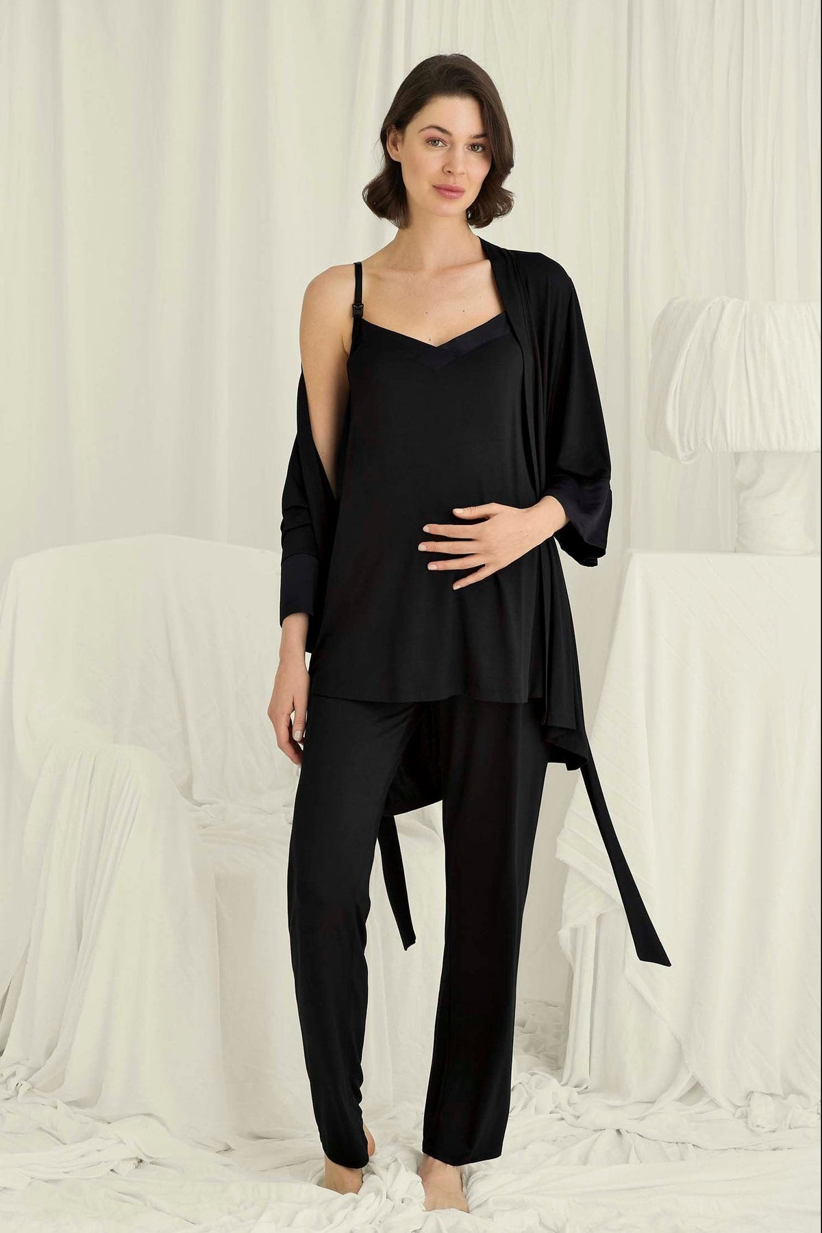 Strappy Soft 3-Piece Maternity Feeding-Friendly Pajama & Robe Set Black - E18719