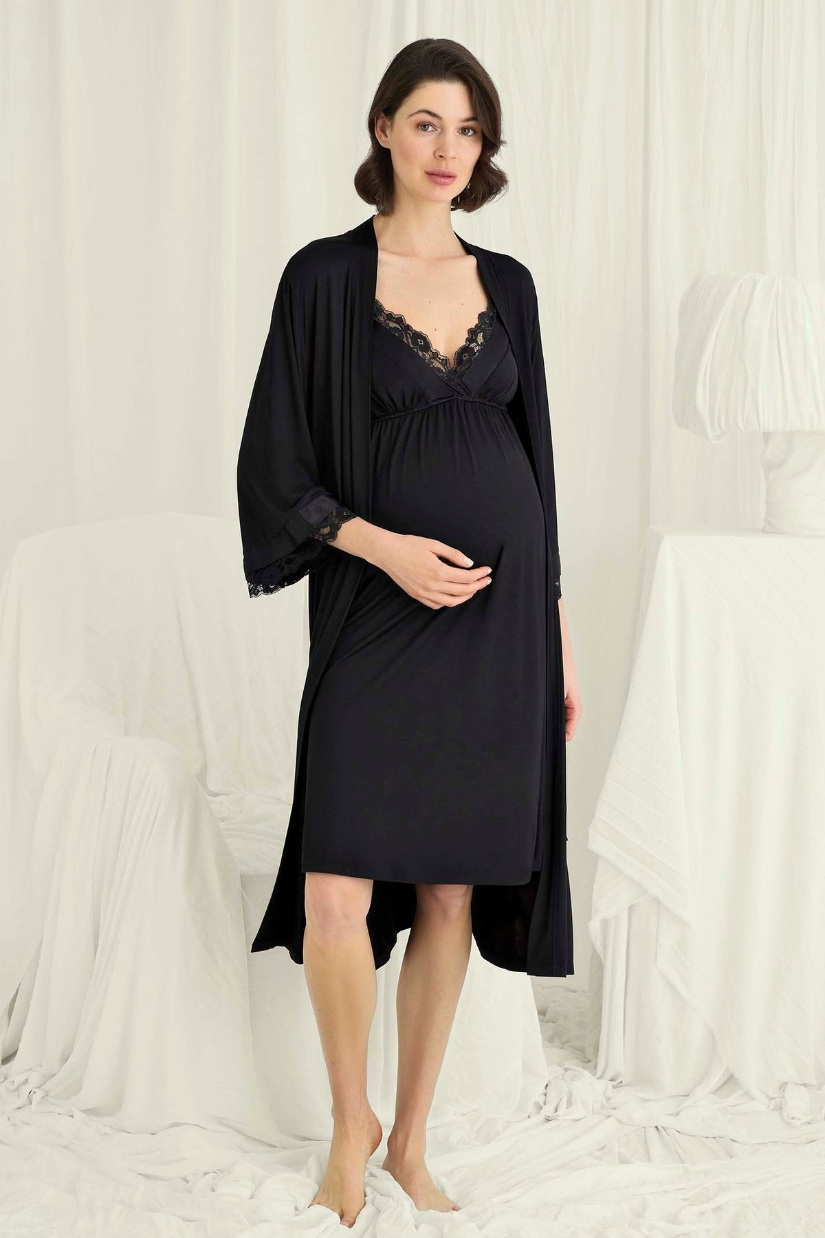 Flower Lace Collar Maternity Feeding-Friendly Nightgown & Lace Sleeve Robe Set Black - E18721